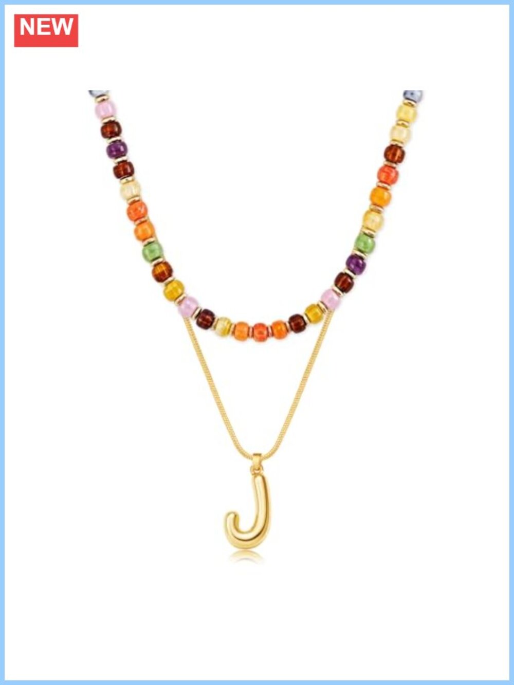 14K Gold Plated 2-in-1 Layered Initial Necklace Set with Orange Acrylic Beaded